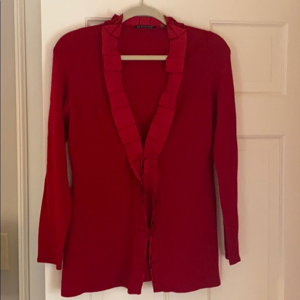 Elie Tahari Red Ruffled Merino Wool Cardigan